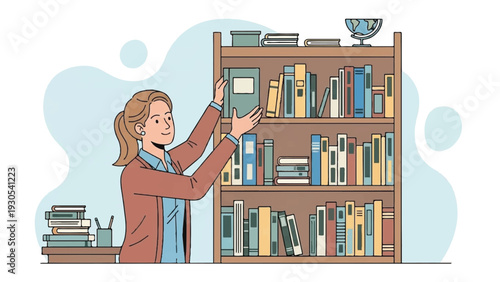 Woman arranging books on a tall bookshelf in a cozy library scene.