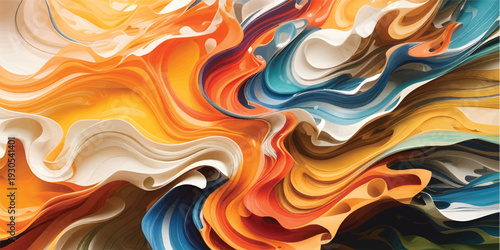 Abstract colorful background featuring digital liquid waves with a 3d metallic gold swirl and blue silk texture for a seamless wallpaper design