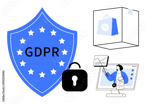 GDPR compliance. GDPR shield and lock symbol data protection and privacy regulations. GDPR facilitates secure online interaction and protected digital transactions. For e-commerce, privacy policies