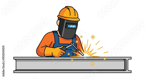 A cartoon image depicts a construction worker welding metal showcasing sparks and safety gear a striking silhouette high quality professional