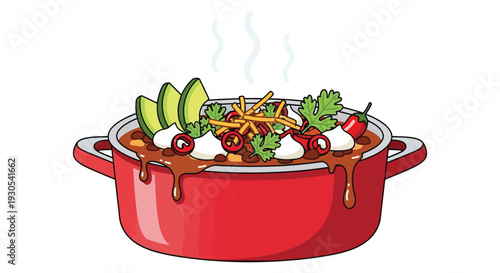 A vibrant cartoon illustration depicts a steaming pot of chili topped with various garnishes silhouette high quality professional detailed modern elegant