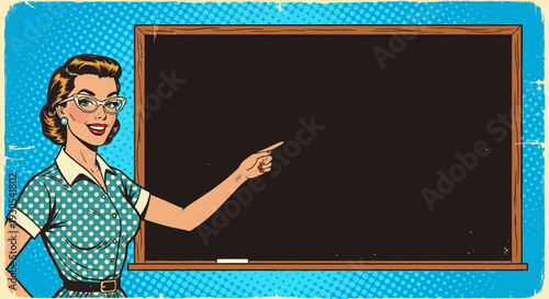 Retro pop art illustration of a smiling female teacher pointing toward blank chalkboard space ready for educational content or presentation notes