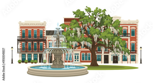 A charming french quarter scene depicts historic architecture a fountain and lush greenery creating a picturesque silhouette high quality professional detailed