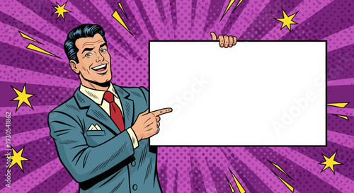 Enthusiastic retro comic book style businessman points toward blank white announcement board with bright yellow stars against a vibrant purple sunburst background design