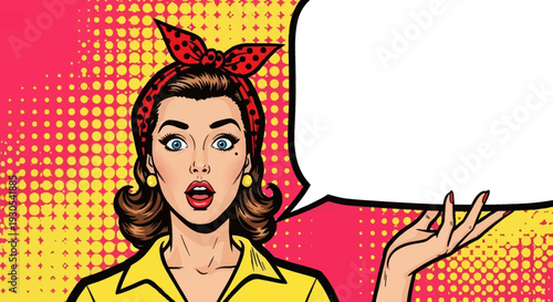 Vintage pop art style woman with wide shocked eyes and open mouth holding an empty speech bubble ready for text copy