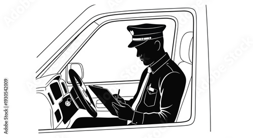 A driver in a vehicle focused on writing is depicted in a striking black silhouette high quality professional detailed modern elegant