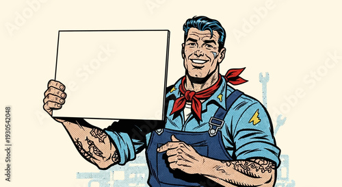 Classic comic book style vector illustration features a handsome, smiling man in mechanic overalls, wearing a red bandana and displaying a blank white board, perfect for customizable information.