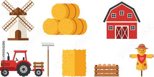 Farm and agriculture elements set with barn, windmill, tractor, hay bales, scarecrow, and wooden crate for rural landscape vector illustration.