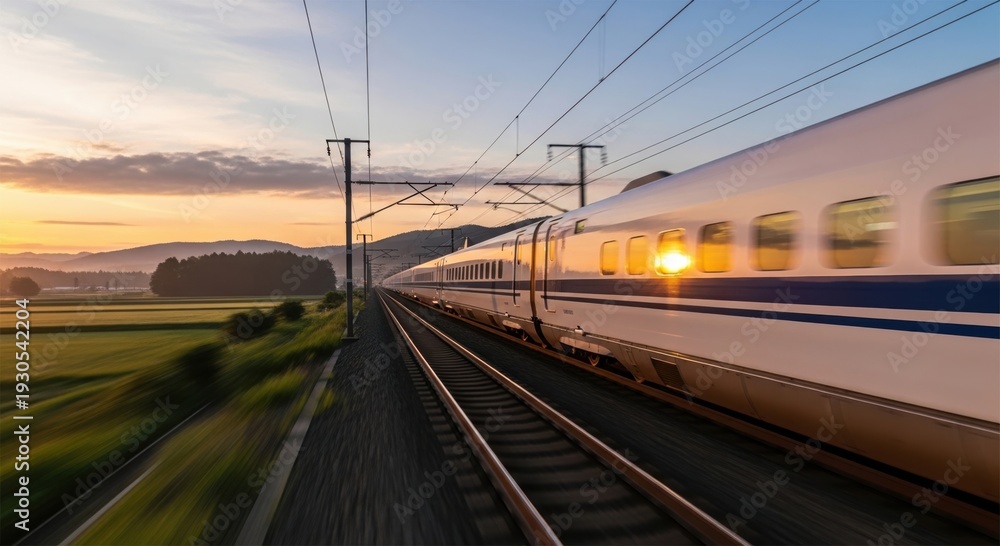 Obraz premium Fast Train Traveling Through Rural Landscape at Sunrise with Motion Blur