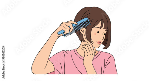 A young woman gently brushes her short brown hair showcasing a delicate and minimalist illustration silhouette high quality professional detailed modern