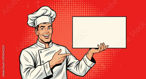 Cheerful professional chef in classic uniform pointing toward blank sign for recipe announcement or culinary promotion in vibrant pop art style graphic