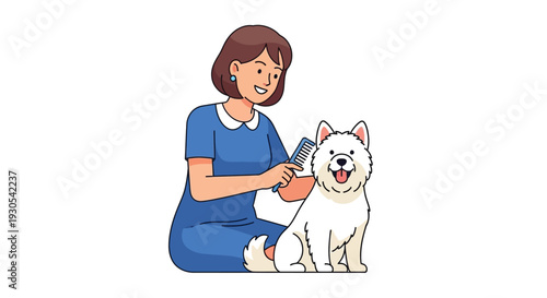 A woman gently brushes her fluffy samoyed dog creating a heartwarming scene of pet care silhouette high quality professional detailed