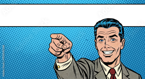 Vintage pop art style businessman pointing directly forward with a large white banner space for important text or announcement