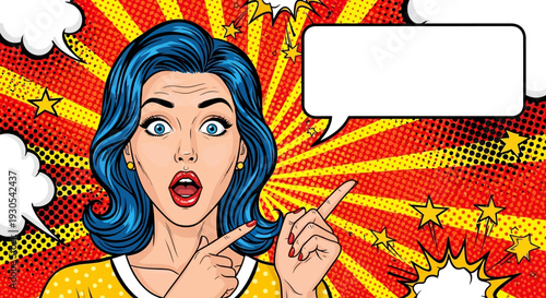 Retro pop art woman with shocked expression and blue hair points toward an empty rectangular speech bubble against a bright yellow and red sunburst graphic background