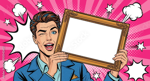 Stylish vintage pop art man winking enthusiastically while presenting an empty ornate golden picture frame for your custom message design