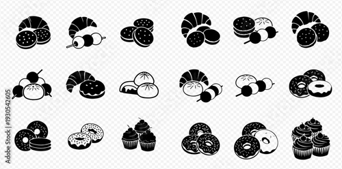Set of various bakery and dessert items including croissants, cookies, donuts, cupcakes, and buns in black and white icons.
