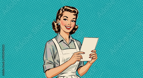 Retro pop art style illustration of a smiling 1950s housewife wearing an apron holding a blank piece of paper or shopping list against a cyan halftone background