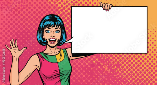 A vibrant pop art style vector illustration features an excited, cheerful woman with blue hair holding a blank white speech bubble and a large sign for customizable text or announcement, perfect for r
