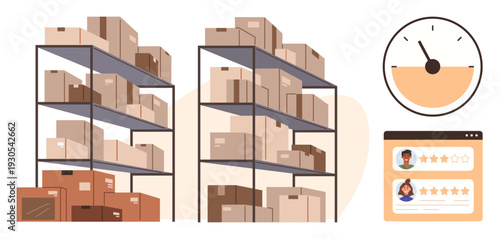 Supply chain, inventory management, e-commerce logistics, rating systems, warehouse operations, customer service. Packed warehouse shelves, rating stars and performance gauge. Supply chain