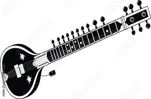Black and white of a stringed musical instrument with a long neck and stars