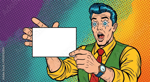 Astonished vintage style man with brightly colored hair points emphatically at a blank white sign board with starburst eyes and an open mouth