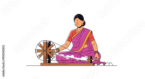A colorful illustration depicts a woman operating a traditional spinning wheel showcasing indian culture a striking silhouette high quality professional detailed modern