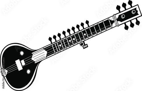 Black and white of a traditional stringed musical instrument with stars and dots