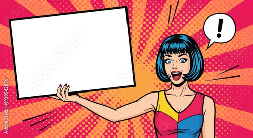 Retro pop art style woman with vibrant blue hair excitedly holding up a large blank white sign with an exclamation mark speech bubble nearby