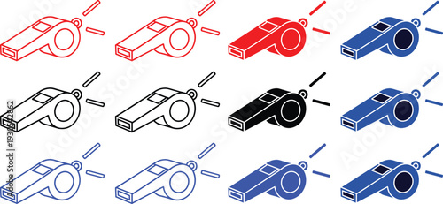 Whistle icons set for sports referee coach signal sound alert emergency and physical education competition