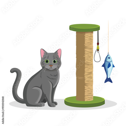 Cat beside scratching post with toy fish on white background