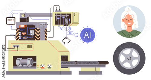 Automation, artificial intelligence, engineering, robotics, production technology, industry. Industrial machine with AI interface and product output. Automation and artificial intelligence concept