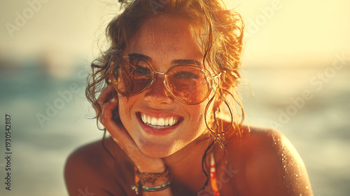 Joyful woman with freckles and sunglasses smiles at the beach at sunset