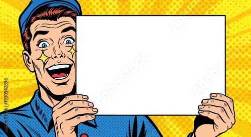 Vintage pop art style man wearing a cap enthusiastically holding a blank white sign ready for message placement with sparkling eyes