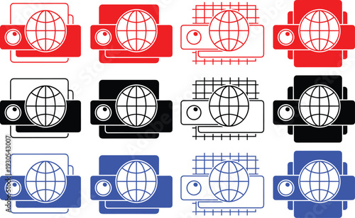 Set of camera with globe icons in various colors and styles for photography and travel applications