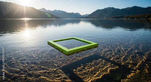 Serene floating platform amidst a mountainous lake at golden hour