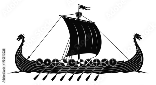 A striking black silhouette of a traditional viking longship with ornate dragon heads sailing on water silhouette high quality professional detailed