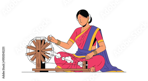 A woman in traditional indian attire operates a spinning wheel showcasing cultural heritage in a flat silhouette high quality professional detailed