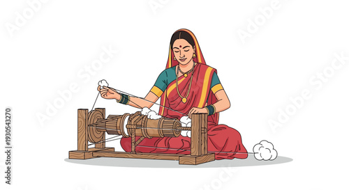 An illustration depicts a woman operating a traditional spinning wheel showcasing indian culture and textile work silhouette high quality professional detailed
