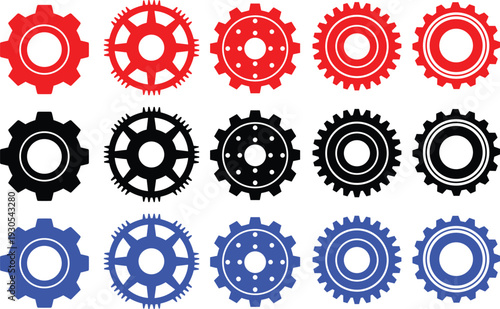 Industrial gear collection featuring fifteen different circular mechanical cogwheel icons in multiple colors