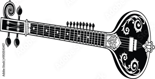 Ornate Black and White Stringed Musical Instrument with Decorative