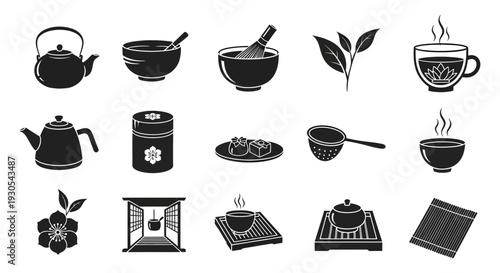 Traditional Japanese Tea Ceremony and Matcha Culture Solid Icon Set