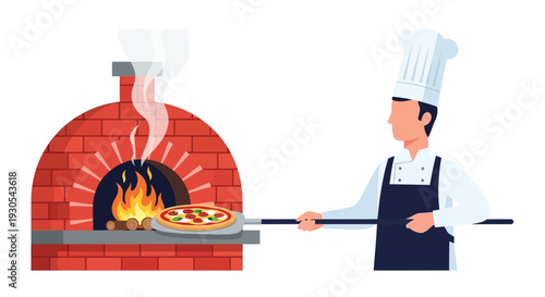 A pizzaiolo prepares a colorful pizza in front of a brick oven showcasing a flat vector silhouette high quality professional detailed