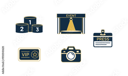 Media event production icons including podium stage press badge and camera vector silhouettes