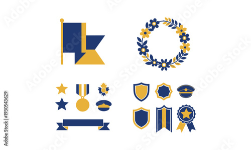 Honorary award symbols including flag laurel wreath medals and military badges vector icons