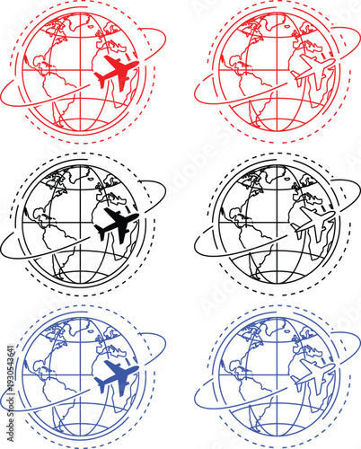 Global flight travel icons with airplane flying around earth globe in thin line and solid vector graphics