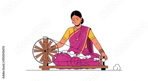A colorful illustration depicts a woman operating a traditional spinning wheel showcasing india s textile heritage silhouette high quality professional detailed modern