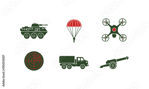 Modern armored vehicle and surveillance technology icons with drone and radar vector design