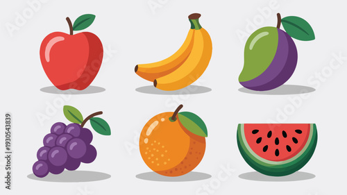 Set of colorful flat fruit icons including apple banana mango grape orange and watermelon
