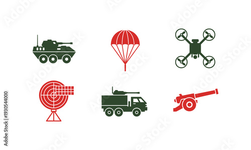 Set of vector silhouette illustration line art icons for military and defense equipment