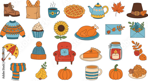 Autumn cozy elements collection with pumpkin, pie, sweater, boots, hot drink, leaves, and fall home decor vector illustration.